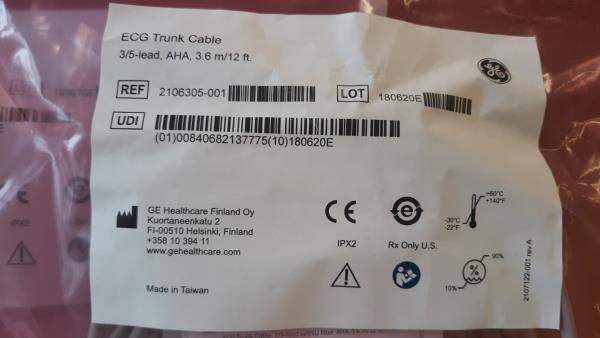 2106305-001 ECG Trunk Cable with 3/5-Lead Connector AHA, 3.6 m/12 ft.